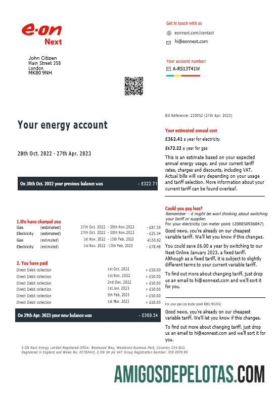 Conta de serviços públicos de gás e eletricidade Eon do Reino Unido em formatos Word e PDF, versão 7 exemplo